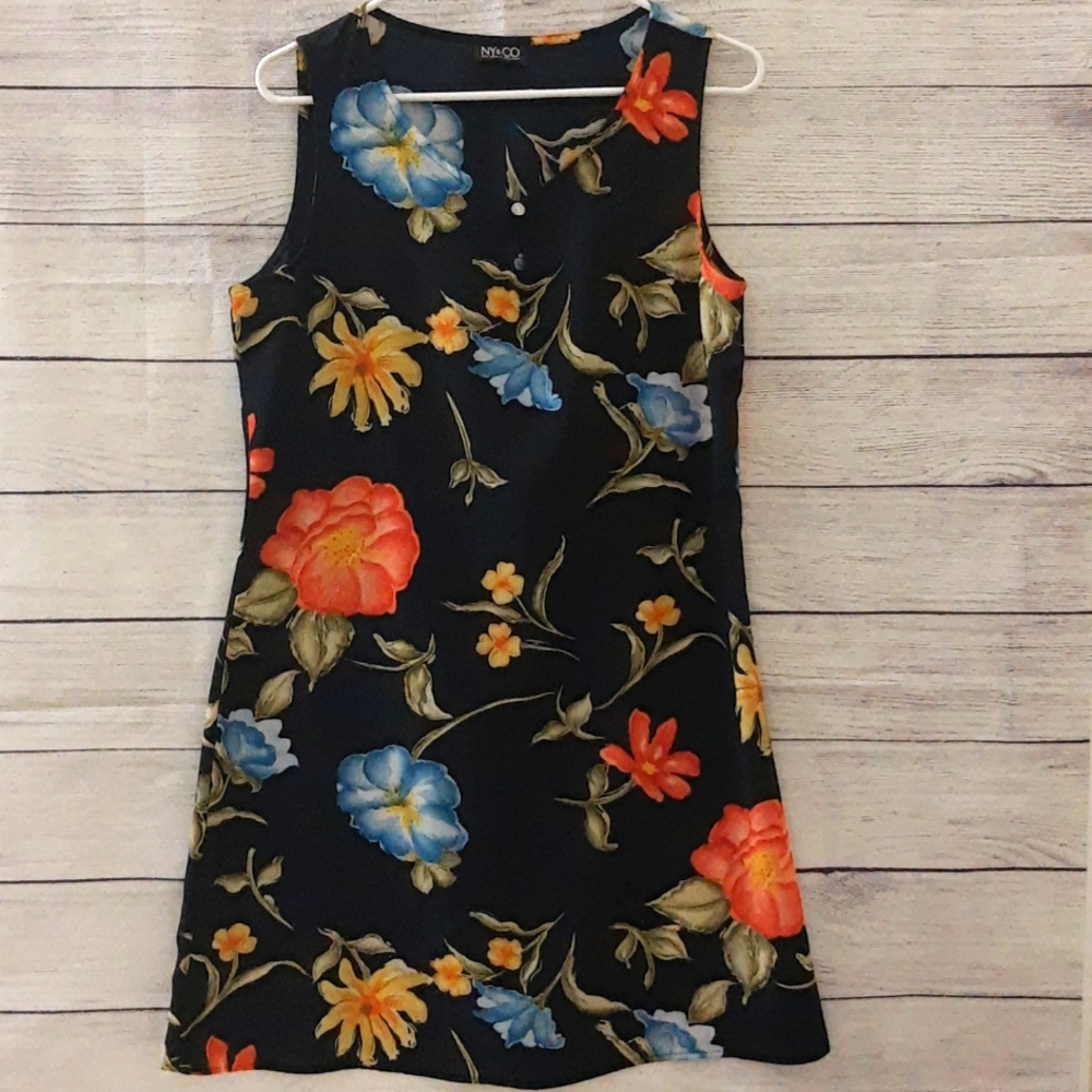 NY&Co Floral Watercolor Print Tank Dress VTG 90s Navy Blue Orange Yellow Size 8